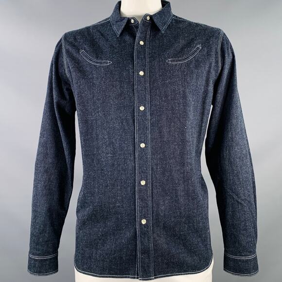 L Billy Bob Navy Indigo Contrast Stitch Cotton Denim Western Long Sleeve Shirt - Picture 1 of 6